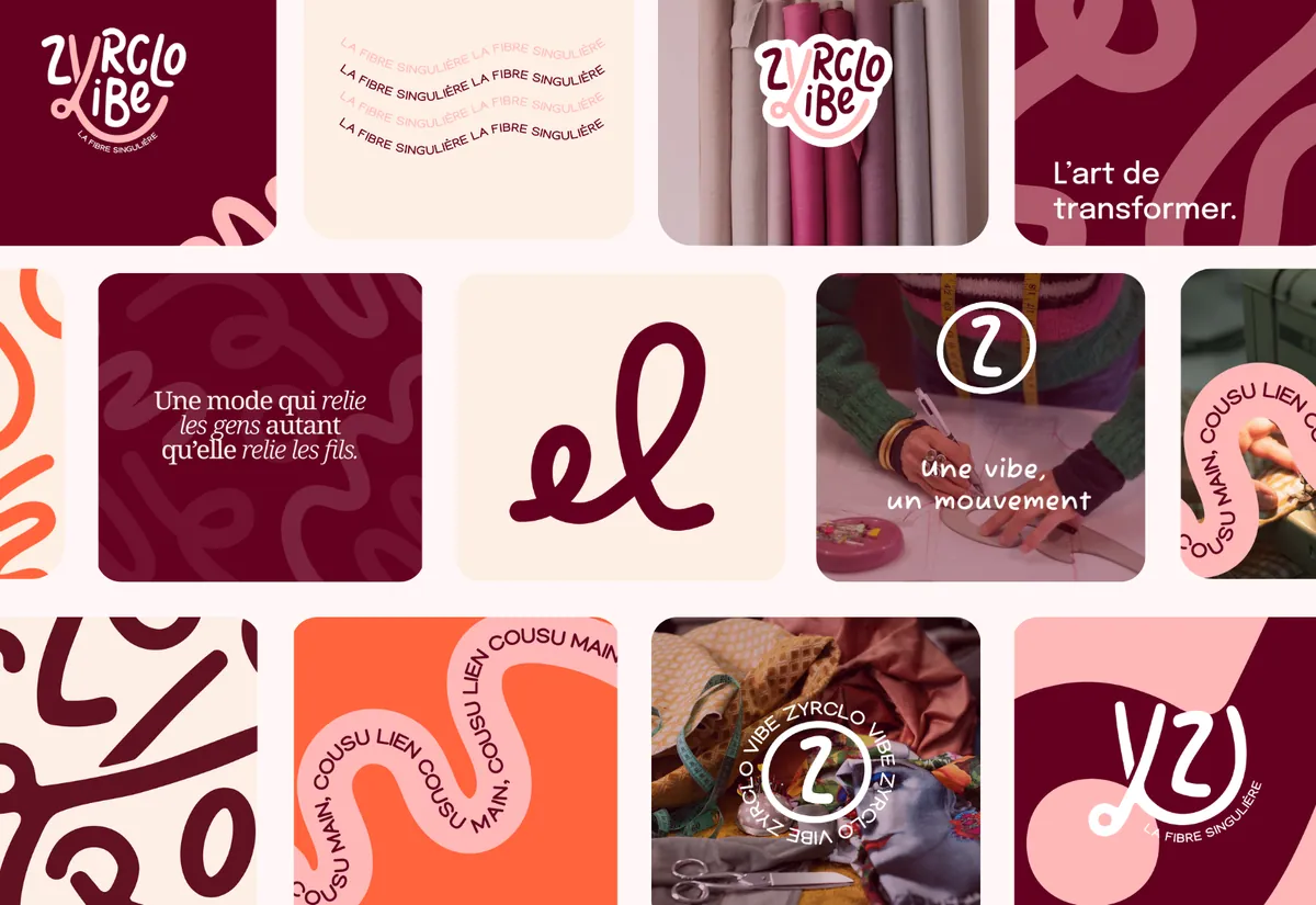 Univers graphique Zyrclo Vibe : logo, motifs et déclinaisons en bordeaux, rose et orange
