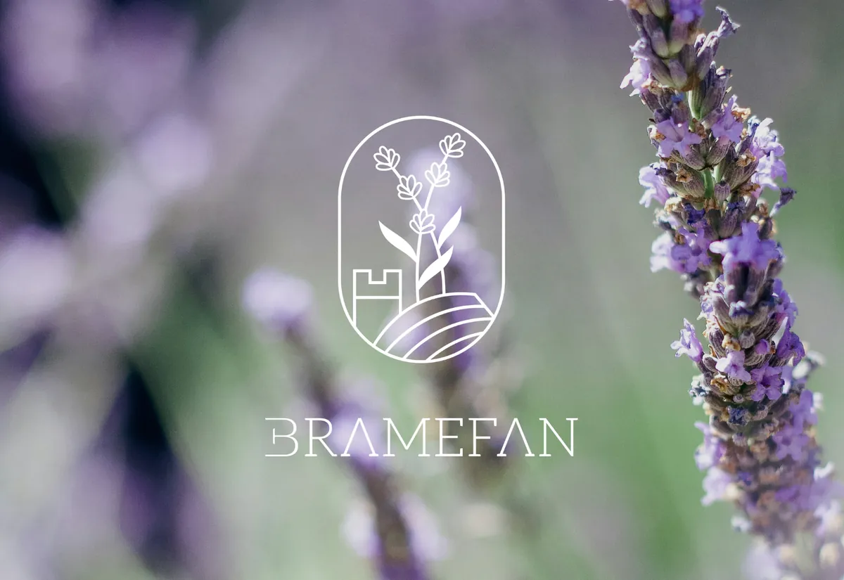 Logo Bramefan, déclinaison lavande avec tour et champs, sur une photo de lavande