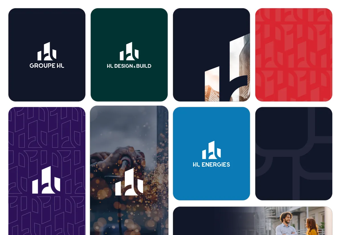 Logo Groupe HL et déclinaisons pour HL Design & Build et HL Energies, motifs et fonds de couleur