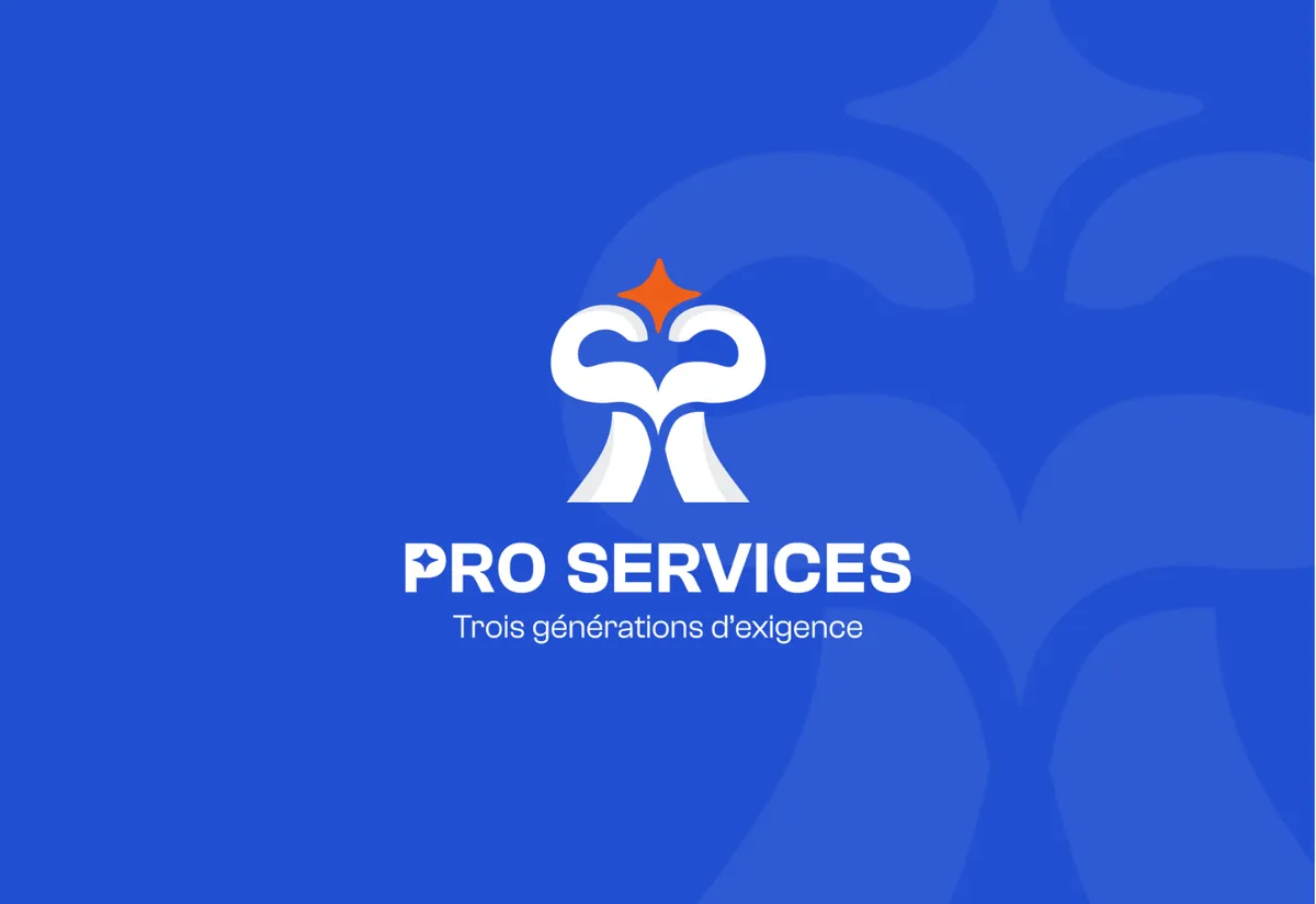 Logo Pro Services, trois générations d'exigence, sur fond bleu