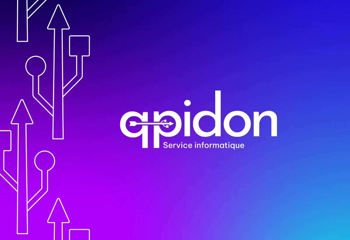 Logo Qpidon sur un fond dégradé violet et bleu avec des motifs de prises USB