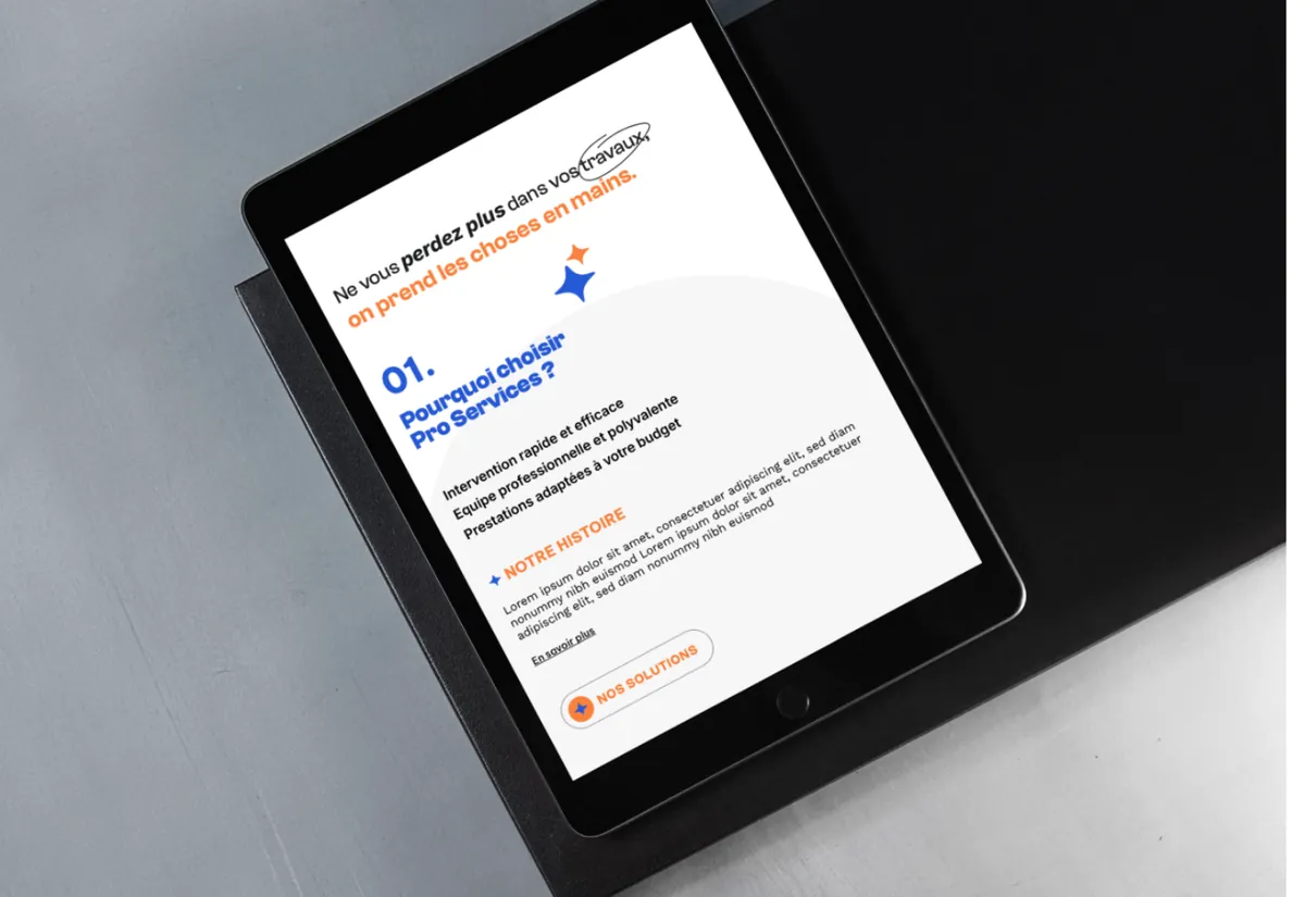 Maquette de page Pro Services sur une tablette : pourquoi choisir Pro Services