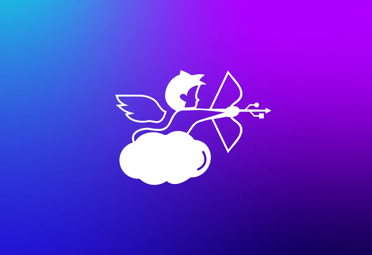 Mascotte cupidon de Qpidon, sur son nuage avec un arc en forme de prise USB, sur fond dégradé