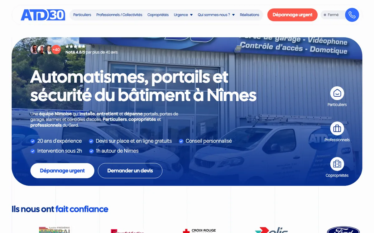 Nouveau site d'ATD30 en 2026 : photo de l'agence de Nîmes et titre Automatismes, portails et sécurité du bâtiment à Nîmes