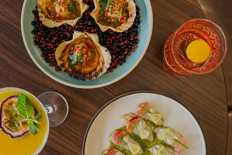 Vue du dessus d'une table de restaurant : coquilles Saint-Jacques, carpaccio de poisson et deux cocktails