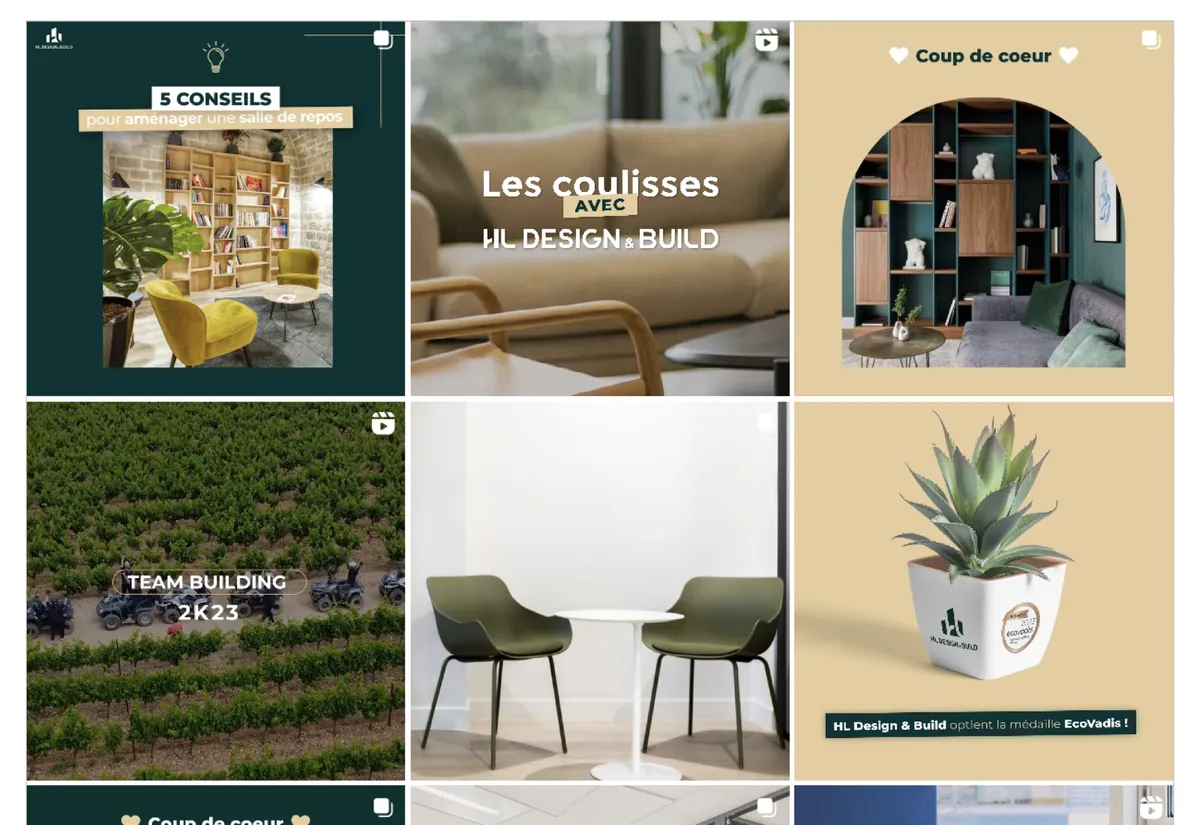 Posts Instagram HL Design & Build : conseils d'aménagement, coulisses, coup de cœur et team building
